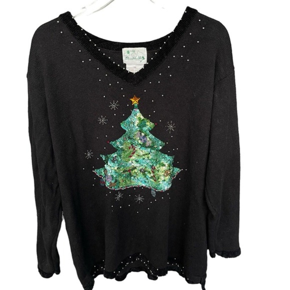 The Quacker Factory Sweater Womens Plus Size 1X Christmas Sequined Velour V-neck